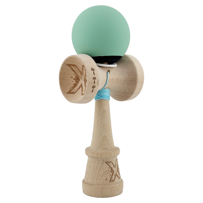 Kendama X Originala, Profesionala, Flippy, Rubber Grip, Cupe Mari KING SIZE V3, Gaura in Baza, Rulment Metalic, din lemn 18 cm, Ata 62/65 cm, Bicolor Turcoaz/Albastru inchis [1]