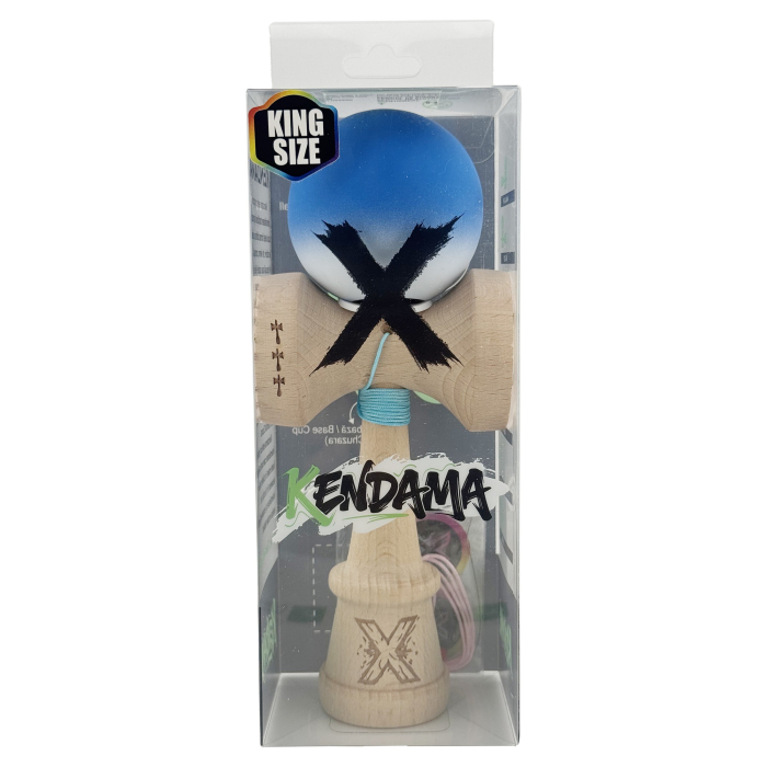 Kendama X Originala, Profesionala, Flippy, Rubber Grip, Cupe Mari KING SIZE V3, Gaura in Baza, Rulment Metalic, din lemn 18 cm, Ata 62/65 cm, Gradient Albastru/Alb [6]