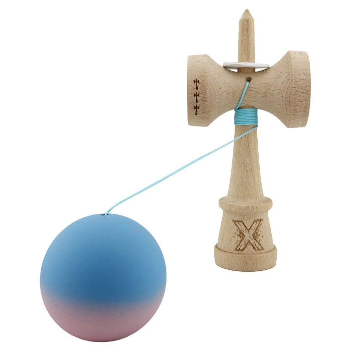 Kendama X Originala, Profesionala, Flippy, Rubber Grip, Cupe Mari KING SIZE V3, Gaura in Baza, Rulment Metalic, din lemn 18 cm, Ata 62/65 cm, Gradient Albastru/Roz [4]