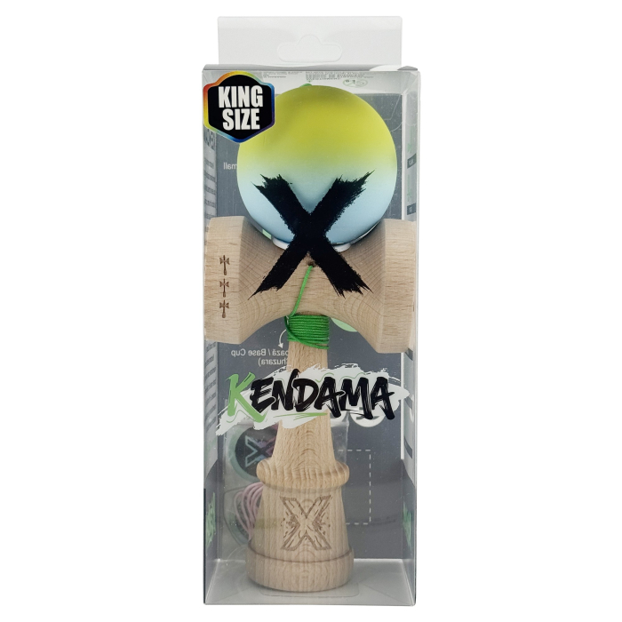 Kendama X Originala, Profesionala, Flippy, Rubber Grip, Cupe Mari KING SIZE V3, Gaura in Baza, Rulment Metalic, din lemn 18 cm, Ata 62/65 cm, Gradient Galben/Albastru [6]