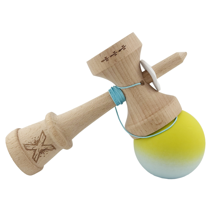 Kendama X Originala, Profesionala, Flippy, Rubber Grip, Cupe Mari KING SIZE V3, Gaura in Baza, Rulment Metalic, din lemn 18 cm, Ata 62/65 cm, Gradient Galben/Verde deschis [10]