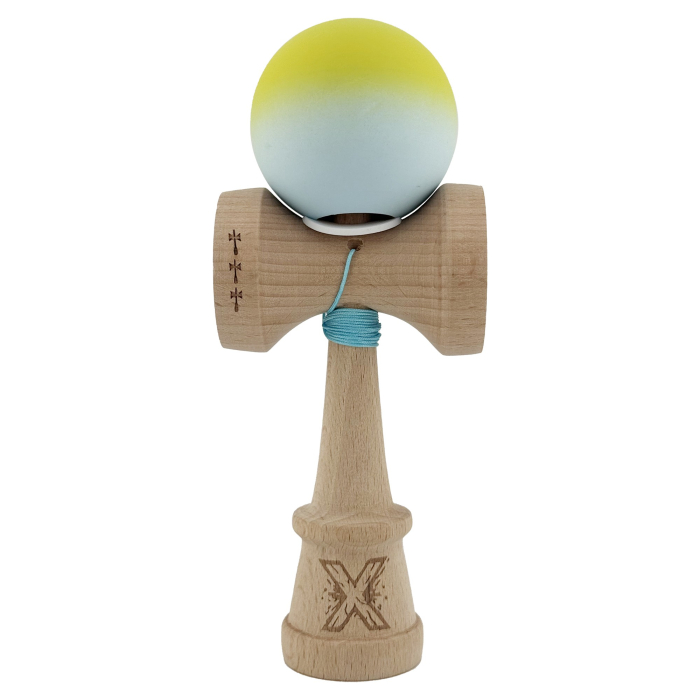 Kendama X Originala, Profesionala, Flippy, Rubber Grip, Cupe Mari KING SIZE V3, Gaura in Baza, Rulment Metalic, din lemn 18 cm, Ata 62/65 cm, Gradient Galben/Verde deschis [2]