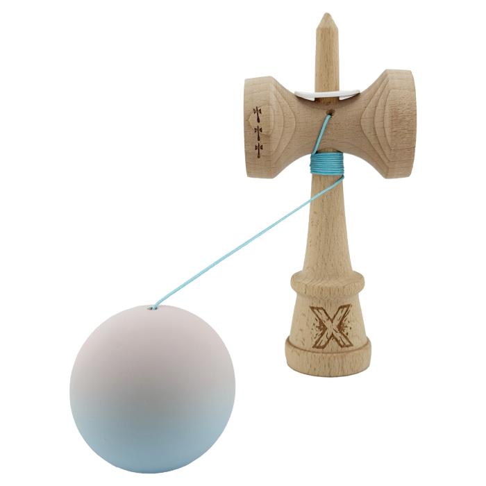 Kendama X Originala, Profesionala, Flippy, Rubber Grip, Cupe Mari KING SIZE V3, Gaura in Baza, Rulment Metalic, din lemn 18 cm, Ata 62/65 cm, Gradient Lila/Turcoaz [4]