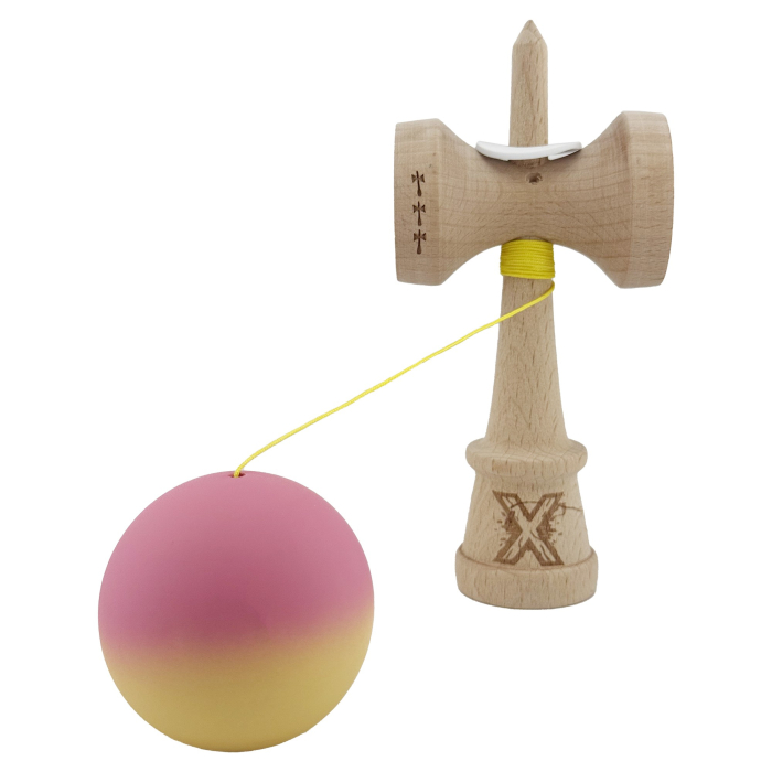 Kendama X Originala, Profesionala, Flippy, Rubber Grip, Cupe Mari KING SIZE V3, Gaura in Baza, Rulment Metalic, din lemn 18 cm, Ata 62/65 cm, Gradient Roz/Galben [4]