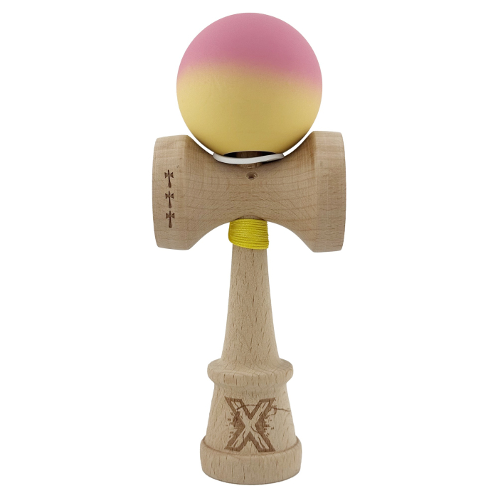 Kendama X Originala, Profesionala, Flippy, Rubber Grip, Cupe Mari KING SIZE V3, Gaura in Baza, Rulment Metalic, din lemn 18 cm, Ata 62/65 cm, Gradient Roz/Galben [2]