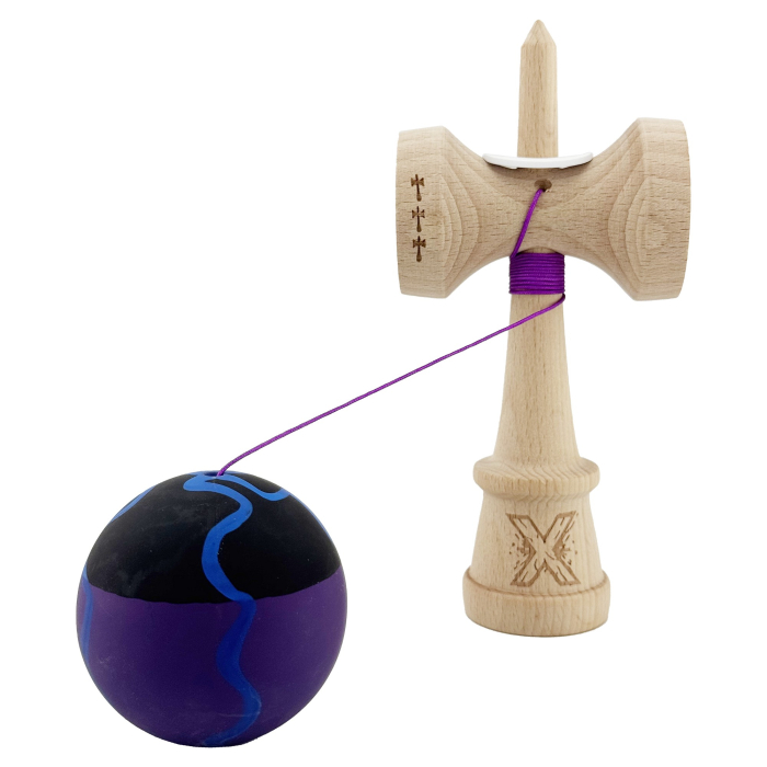 Kendama X Originala, Profesionala, Flippy, Rubber Grip, Cupe Mari KING SIZE V3, Gaura in Baza, Rulment Metalic, din lemn 18 cm, Ata 62/65 cm, Special Negru/Mov/Albastru [4]