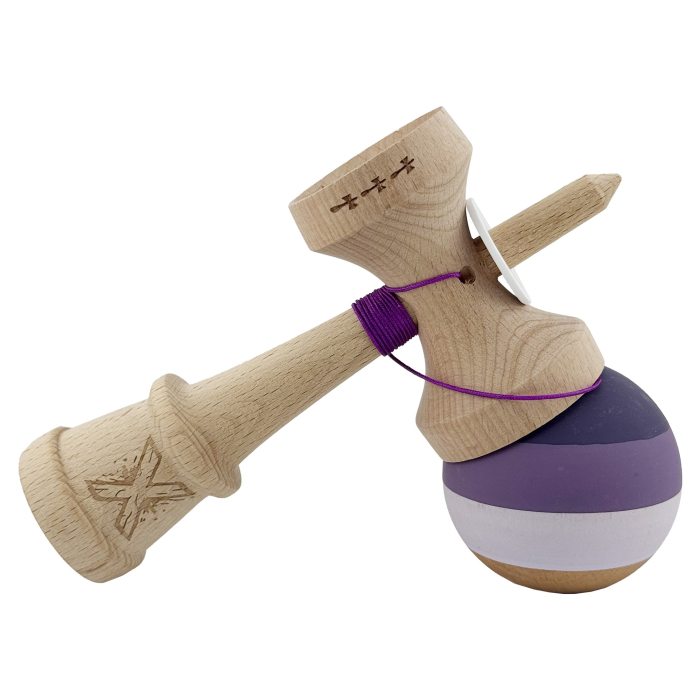 Kendama X Originala, Profesionala, Flippy, Rubber Grip, Cupe Mari KING SIZE V3, Gaura in Baza, Rulment Metalic, din lemn 18 cm, Ata 62/65 cm, Special Purpuriu/Mov/Lila [5]