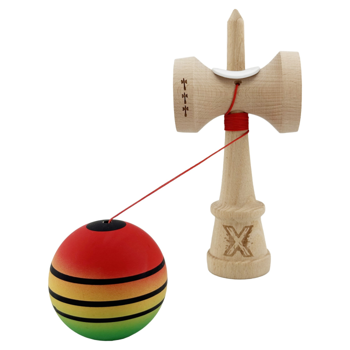 Kendama X Originala, Profesionala, Flippy, Rubber Grip, Cupe Mari KING SIZE V3, Gaura in Baza, Rulment Metalic, din lemn 18 cm, Ata 62/65 cm, Special Rosu/Galben/Verde [4]
