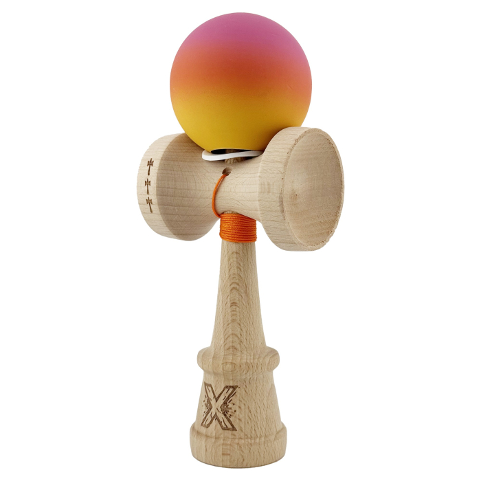 Kendama X Originala, Profesionala, Flippy, Rubber Grip, din Lemn, 18 cm, V3, Roz/Portocaliu/Galben [3]