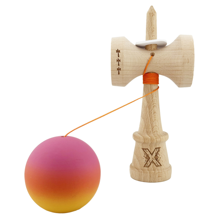 Kendama X Originala, Profesionala, Flippy, Rubber Grip, din Lemn, 18 cm, V3, Roz/Portocaliu/Galben [4]