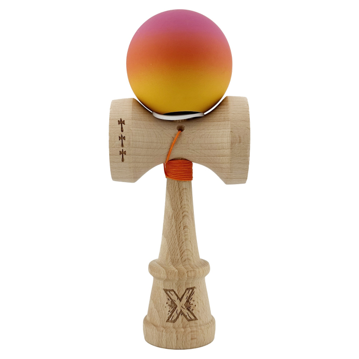 Kendama X Originala, Profesionala, Flippy, Rubber Grip, din Lemn, 18 cm, V3, Roz/Portocaliu/Galben [2]