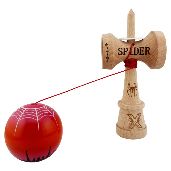 Kendama X Originala, Profesionala, Flippy, SPIDER KING, Super Sticky cu Cupe Mari KING SIZE V3, Gaura in Baza, Rulment Metalic, din lemn 18 cm, Ata 62/65 cm, Rosu/Maro [4]