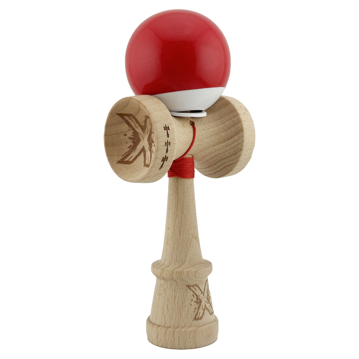 Kendama X Originala, Profesionala, Flippy, Super Sticky cu Cupe Mari KING SIZE V3, Gaura in Baza, Rulment Metalic, din lemn 18 cm, Ata 62/65 cm, Bicolor Rosu/Alb [1]