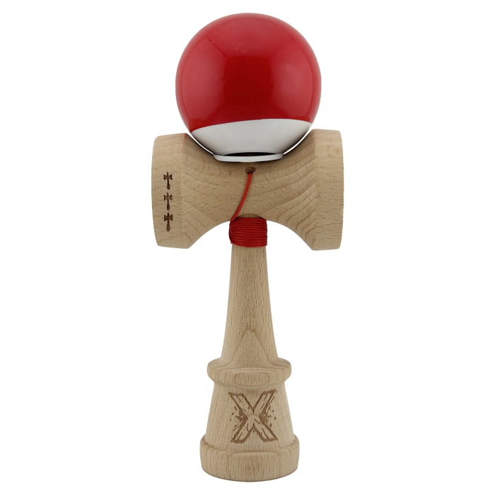 Kendama X Originala, Profesionala, Flippy, Super Sticky cu Cupe Mari KING SIZE V3, Gaura in Baza, Rulment Metalic, din lemn 18 cm, Ata 62/65 cm, Bicolor Rosu/Alb [2]