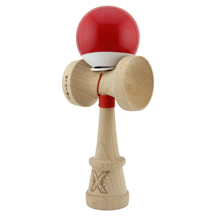 Kendama X Originala, Profesionala, Flippy, Super Sticky cu Cupe Mari KING SIZE V3, Gaura in Baza, Rulment Metalic, din lemn 18 cm, Ata 62/65 cm, Bicolor Rosu/Alb [3]