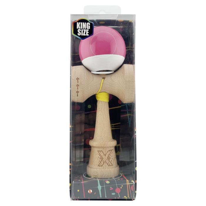 Kendama X Originala, Profesionala, Flippy, Super Sticky cu Cupe Mari KING SIZE V3, Gaura in Baza, Rulment Metalic, din lemn 18 cm, Ata 62/65 cm, Bicolor Roz inchis/Alb [6]