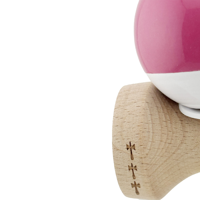 Kendama X Originala, Profesionala, Flippy, Super Sticky cu Cupe Mari KING SIZE V3, Gaura in Baza, Rulment Metalic, din lemn 18 cm, Ata 62/65 cm, Bicolor Roz inchis/Alb [8]