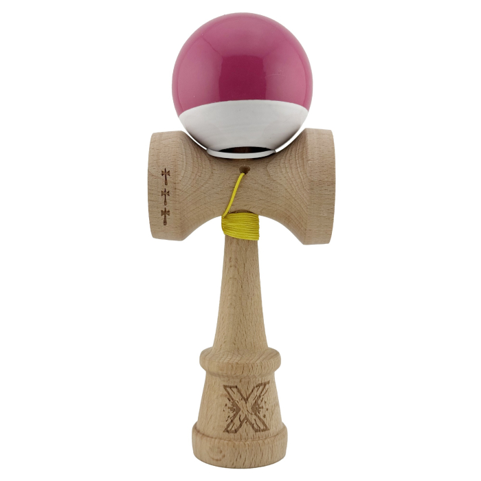Kendama X Originala, Profesionala, Flippy, Super Sticky cu Cupe Mari KING SIZE V3, Gaura in Baza, Rulment Metalic, din lemn 18 cm, Ata 62/65 cm, Bicolor Roz inchis/Alb [2]