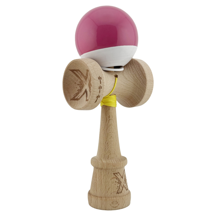 Kendama X Originala, Profesionala, Flippy, Super Sticky cu Cupe Mari KING SIZE V3, Gaura in Baza, Rulment Metalic, din lemn 18 cm, Ata 62/65 cm, Bicolor Roz inchis/Alb [1]