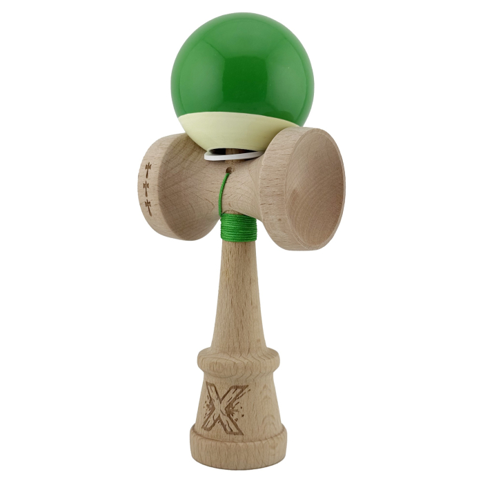 Kendama X Originala, Profesionala, Flippy, Super Sticky cu Cupe Mari KING SIZE V3, Gaura in Baza, Rulment Metalic, din lemn 18 cm, Ata 62/65 cm, Bicolor Verde/Alb [3]