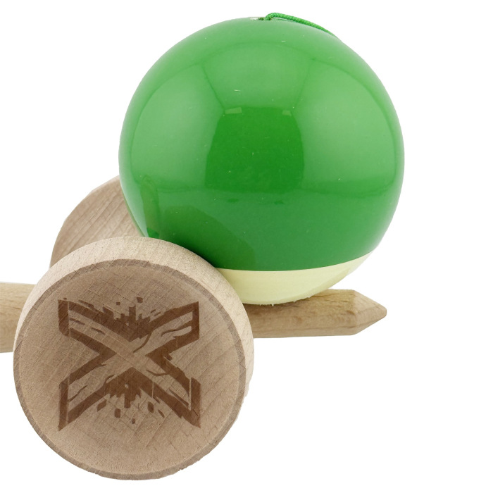 Kendama X Originala, Profesionala, Flippy, Super Sticky cu Cupe Mari KING SIZE V3, Gaura in Baza, Rulment Metalic, din lemn 18 cm, Ata 62/65 cm, Bicolor Verde/Alb [9]