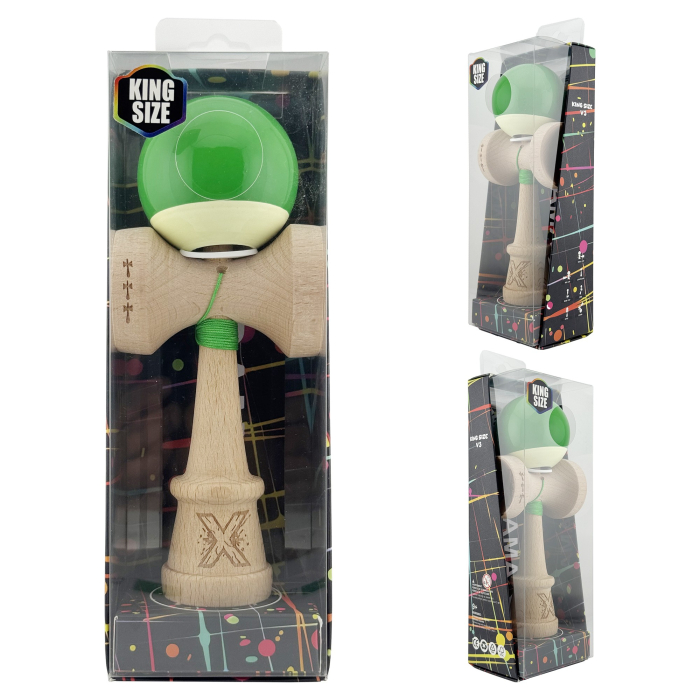 Kendama X Originala, Profesionala, Flippy, Super Sticky cu Cupe Mari KING SIZE V3, Gaura in Baza, Rulment Metalic, din lemn 18 cm, Ata 62/65 cm, Bicolor Verde/Alb [6]