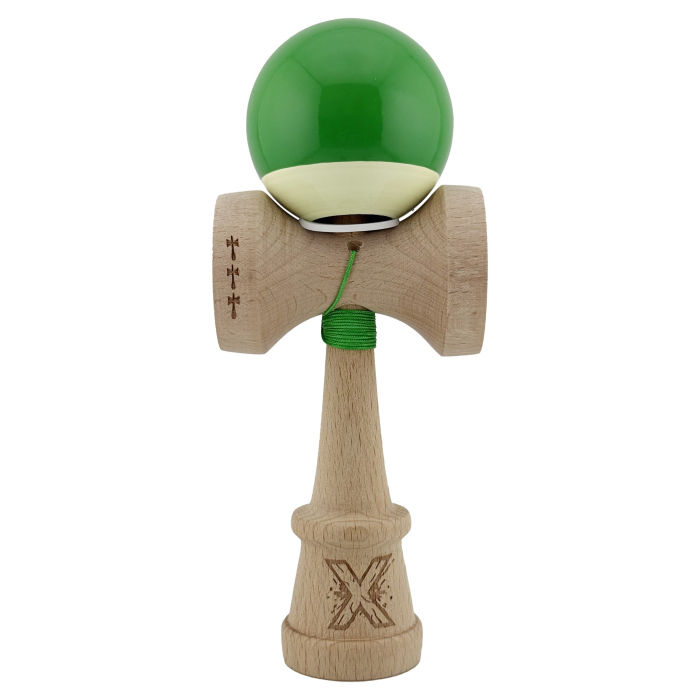 Kendama X Originala, Profesionala, Flippy, Super Sticky cu Cupe Mari KING SIZE V3, Gaura in Baza, Rulment Metalic, din lemn 18 cm, Ata 62/65 cm, Bicolor Verde/Alb [2]