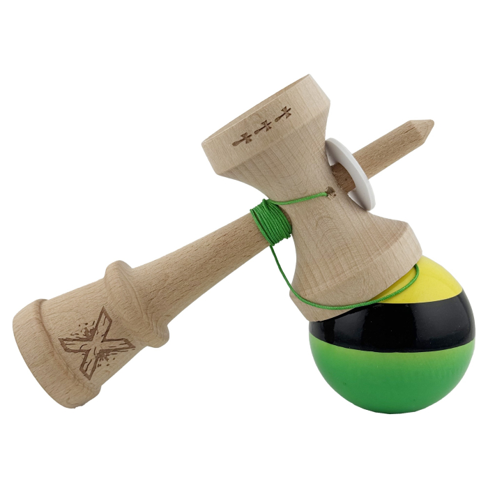 Kendama X Originala, Profesionala, Flippy, Super Sticky cu Cupe Mari KING SIZE V3, Gaura in Baza, Rulment Metalic, din lemn 18 cm, Ata 62/65 cm, Galben/Negru/Verde [5]