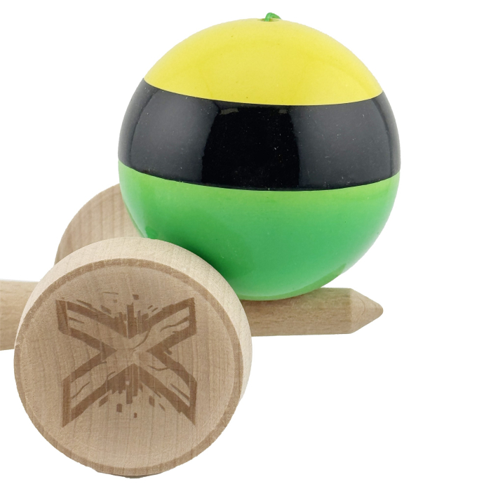 Kendama X Originala, Profesionala, Flippy, Super Sticky cu Cupe Mari KING SIZE V3, Gaura in Baza, Rulment Metalic, din lemn 18 cm, Ata 62/65 cm, Galben/Negru/Verde [9]