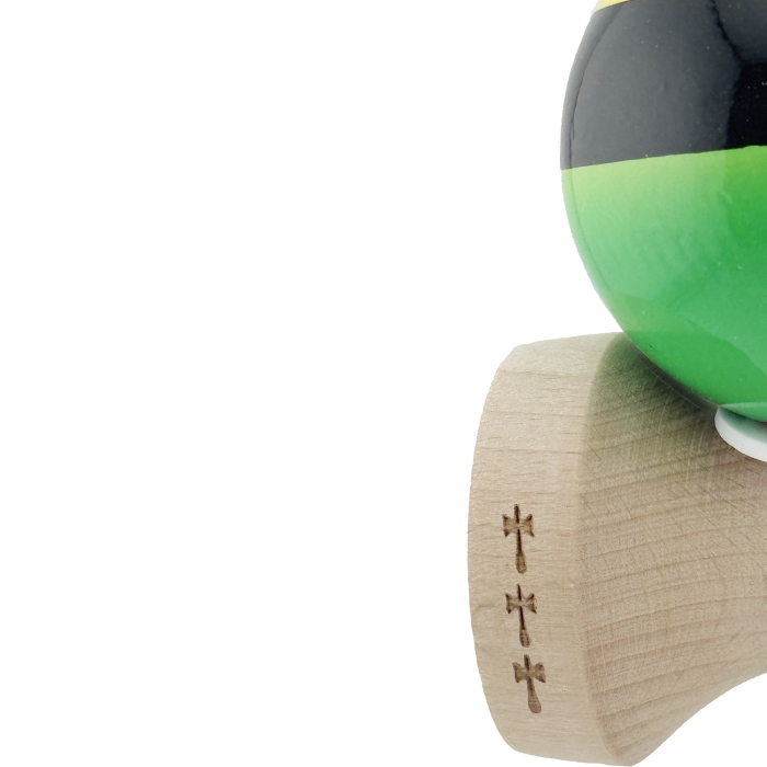 Kendama X Originala, Profesionala, Flippy, Super Sticky cu Cupe Mari KING SIZE V3, Gaura in Baza, Rulment Metalic, din lemn 18 cm, Ata 62/65 cm, Galben/Negru/Verde [8]