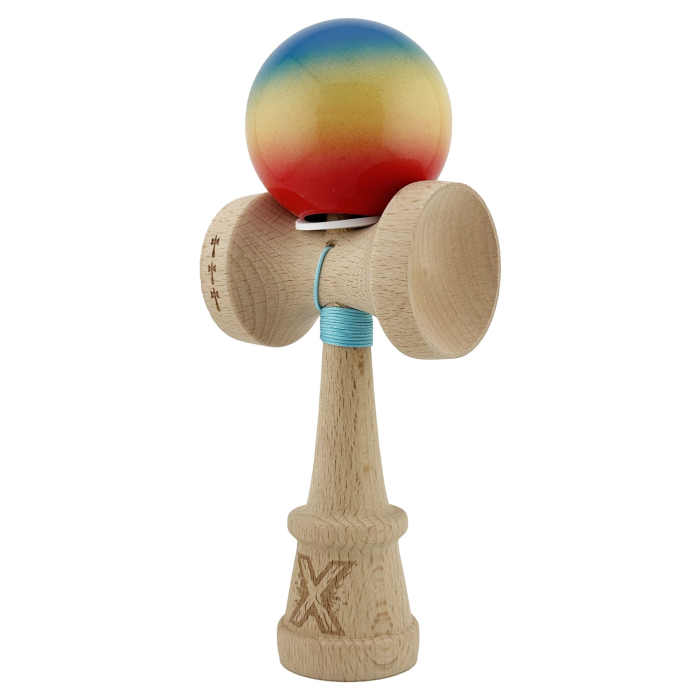 Kendama X Originala, Profesionala, Flippy, Super Sticky cu Cupe Mari KING SIZE V3, Gaura in Baza, Rulment Metalic, din lemn 18 cm, Ata 62/65 cm, Gradient Albastru/Galben/Rosu [3]