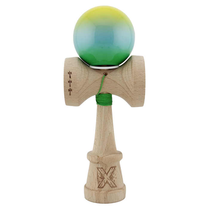 Kendama X Originala, Profesionala, Flippy, Super Sticky cu Cupe Mari KING SIZE V3, Gaura in Baza, Rulment Metalic, din lemn 18 cm, Ata 62/65 cm, Gradient Galben/Albastru/Verde [2]