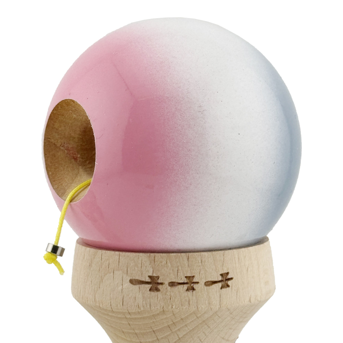 Kendama X Originala, Profesionala, Flippy, Super Sticky cu Cupe Mari KING SIZE V3, Gaura in Baza, Rulment Metalic, din lemn 18 cm, Ata 62/65 cm, Gradient Gri/Alb/Roz [7]