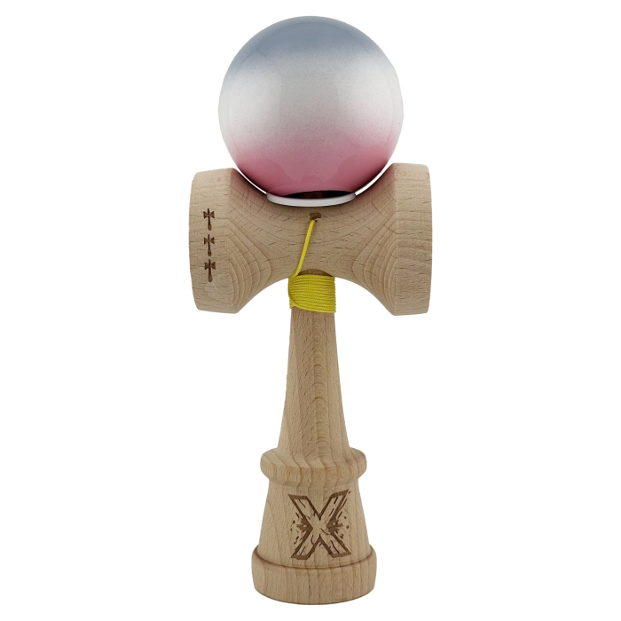 Kendama X Originala, Profesionala, Flippy, Super Sticky cu Cupe Mari KING SIZE V3, Gaura in Baza, Rulment Metalic, din lemn 18 cm, Ata 62/65 cm, Gradient Gri/Alb/Roz [2]