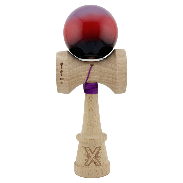 Kendama X Originala, Profesionala, Flippy, Super Sticky cu Cupe Mari KING SIZE V3, Gaura in Baza, Rulment Metalic, din lemn 18 cm, Ata 62/65 cm, Gradient Mov/Rosu/Negru [2]