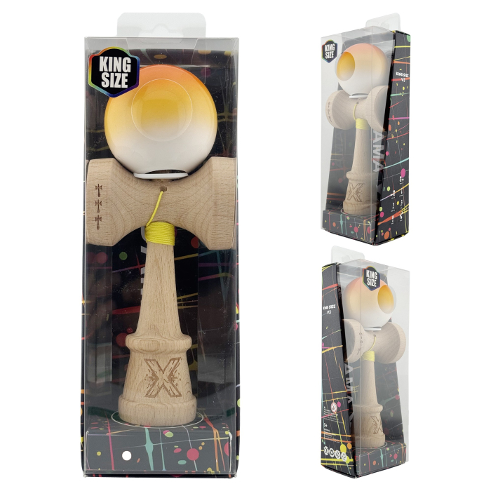 Kendama X Originala, Profesionala, Flippy, Super Sticky cu Cupe Mari KING SIZE V3, Gaura in Baza, Rulment Metalic, din lemn 18 cm, Ata 62/65 cm, Gradient Portocaliu/Galben/Alb [6]