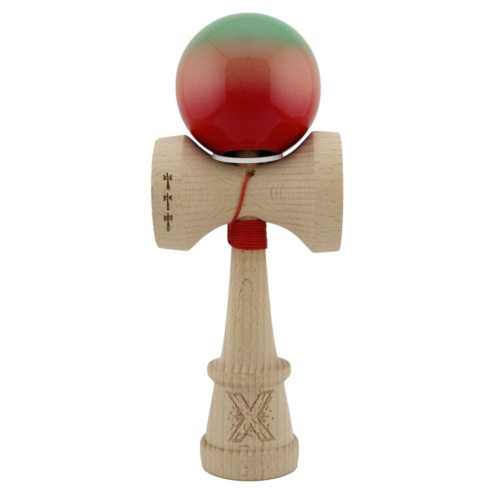 Kendama X Originala, Profesionala, Flippy, Super Sticky cu Cupe Mari KING SIZE V3, Gaura in Baza, Rulment Metalic, din lemn 18 cm, Ata 62/65 cm, Gradient Verde/Portocaliu/Rosu [2]