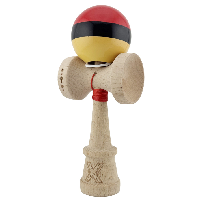 Kendama X Originala, Profesionala, Flippy, Super Sticky cu Cupe Mari KING SIZE V3, Gaura in Baza, Rulment Metalic, din lemn 18 cm, Ata 62/65 cm, Rosu/Negru/Galben  [3]