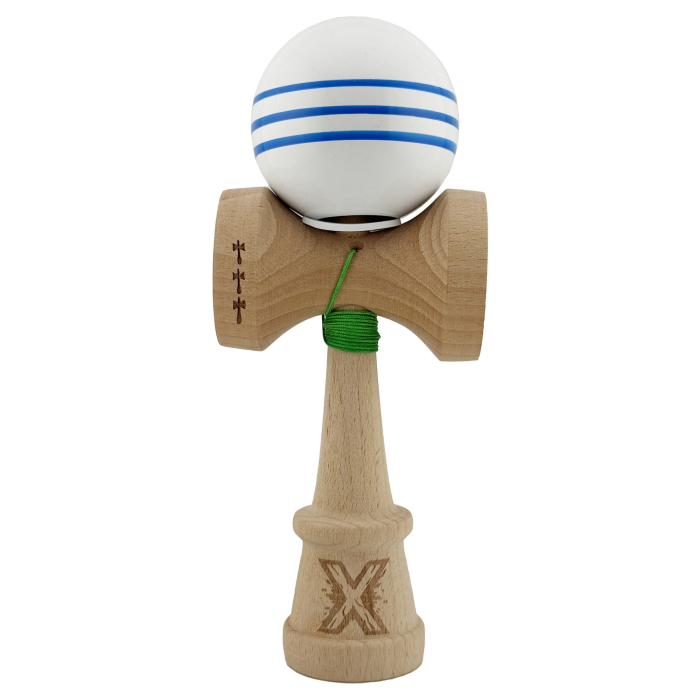 Kendama X Originala, Profesionala, Flippy, Super Sticky cu Cupe Mari KING SIZE V3, Gaura in Baza, Rulment Metalic, din lemn 18 cm, Ata 62/65 cm, Special Alb/Albastru [2]