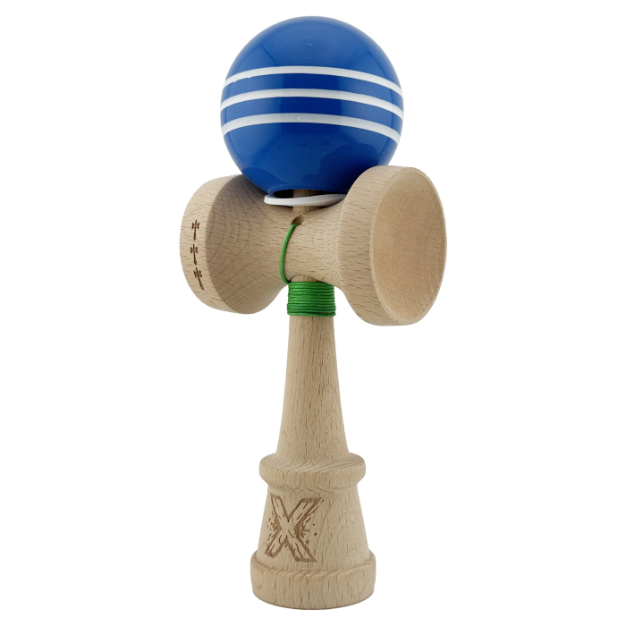 Kendama X Originala, Profesionala, Flippy, Super Sticky cu Cupe Mari KING SIZE V3, Gaura in Baza, Rulment Metalic, din lemn 18 cm, Ata 62/65 cm, Special Albastru/Alb [3]