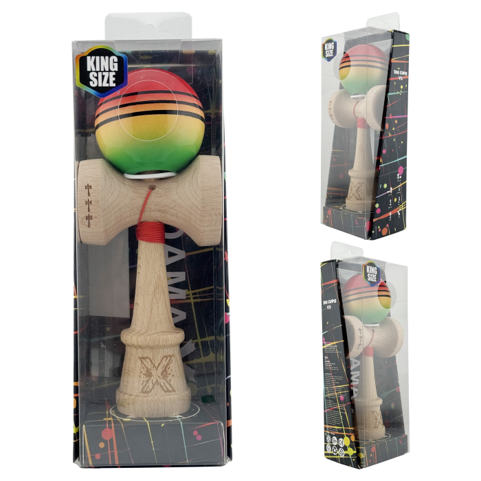 Kendama X Originala, Profesionala, Flippy, Super Sticky cu Cupe Mari KING SIZE V3, Gaura in Baza, Rulment Metalic, din lemn 18 cm, Ata 62/65 cm, Special Rosu/Verde [6]