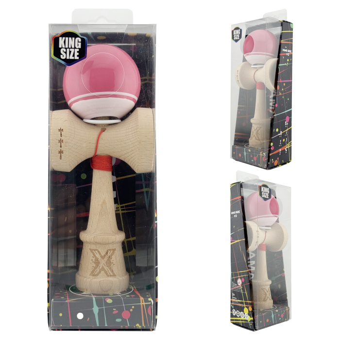 Kendama X Originala, Profesionala, Flippy, Super Sticky cu Cupe Mari KING SIZE V3, Gaura in Baza, Rulment Metalic, din lemn 18 cm, Ata 62/65 cm, Special Roz/Alb [6]