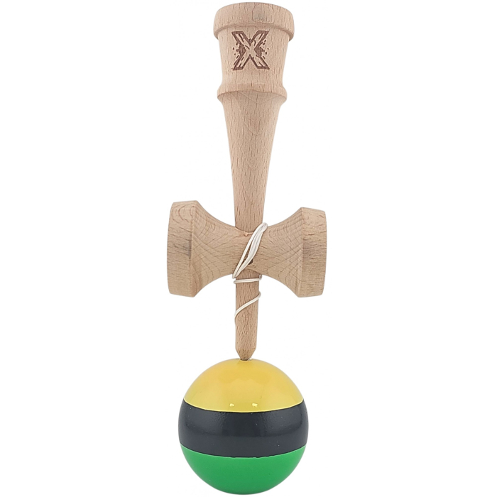 Kendama X Originala, Profesionala, Flippy, Super Sticky din Lemn, 18 cm, Galben/Negru/Verde [2]