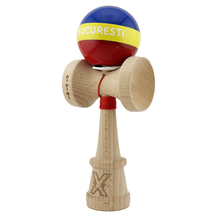 Kendama X Originala, Profesionala, Flippy, Tricolor Edition BUCURESTI, Super Sticky cu Cupe Mari KING SIZE V3, Rulment Metalic si Gaura in Baza, din Lemn 18 cm, Ata 62/65 cm, Multicolor [3]