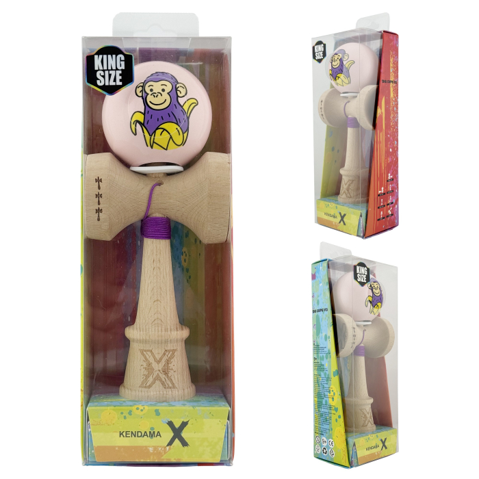 Kendama X Originala, Profesionala, Flippy, Violet Monkey, Super Sticky cu Cupe Mari King Size V3, Rulment Metalic si Gaura in Baza, din Lemn 18 cm, Ata 62/65 cm, Roz [6]