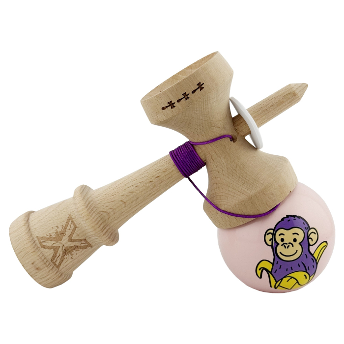 Kendama X Originala, Profesionala, Flippy, Violet Monkey, Super Sticky cu Cupe Mari King Size V3, Rulment Metalic si Gaura in Baza, din Lemn 18 cm, Ata 62/65 cm, Roz [5]