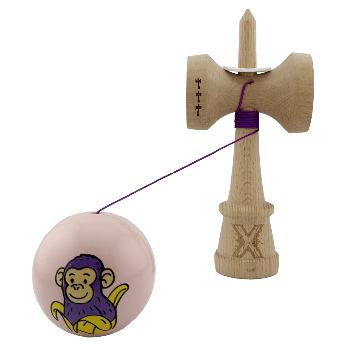 Kendama X Originala, Profesionala, Flippy, Violet Monkey, Super Sticky cu Cupe Mari King Size V3, Rulment Metalic si Gaura in Baza, din Lemn 18 cm, Ata 62/65 cm, Roz [4]