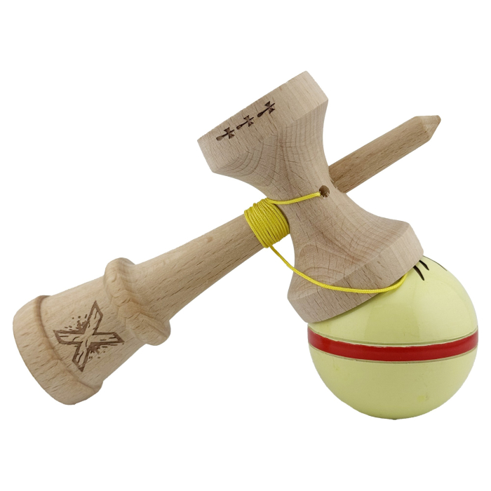 Kendama X Originala Silken, Profesionala, Flippy, Cupe Mari KING SIZE V3, Super Sticky, Gaura in Baza, Rulment Metalic, din lemn 18 cm, Ata 62/65 cm, Cream Galben [5]