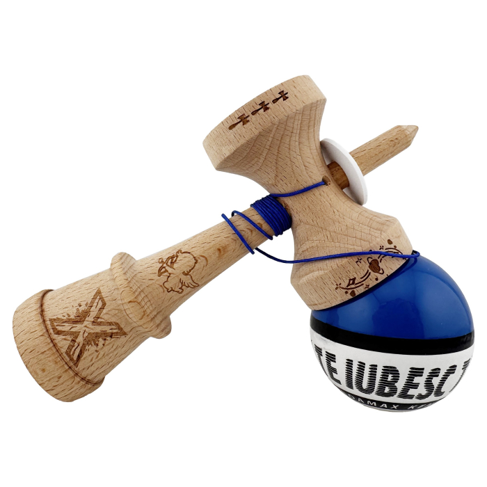 Kendama X TE IUBESC Originala, Profesionala, Flippy, Super Sticky cu Cupe Mari KING SIZE V3, Gaura in Baza, Rulment Metalic, din lemn 18 cm, Ata 62/65 cm, Albastru/Alb [5]