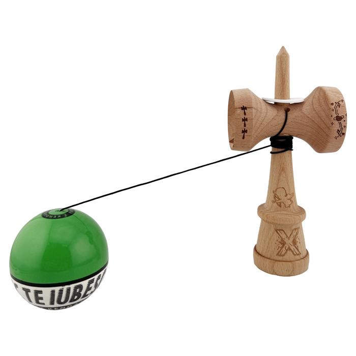 Kendama X TE IUBESC Originala, Profesionala, Flippy, Super Sticky cu Cupe Mari KING SIZE V3, Gaura in Baza, Rulment Metalic, din lemn 18 cm, Ata 62/65 cm, Verde/Alb [4]